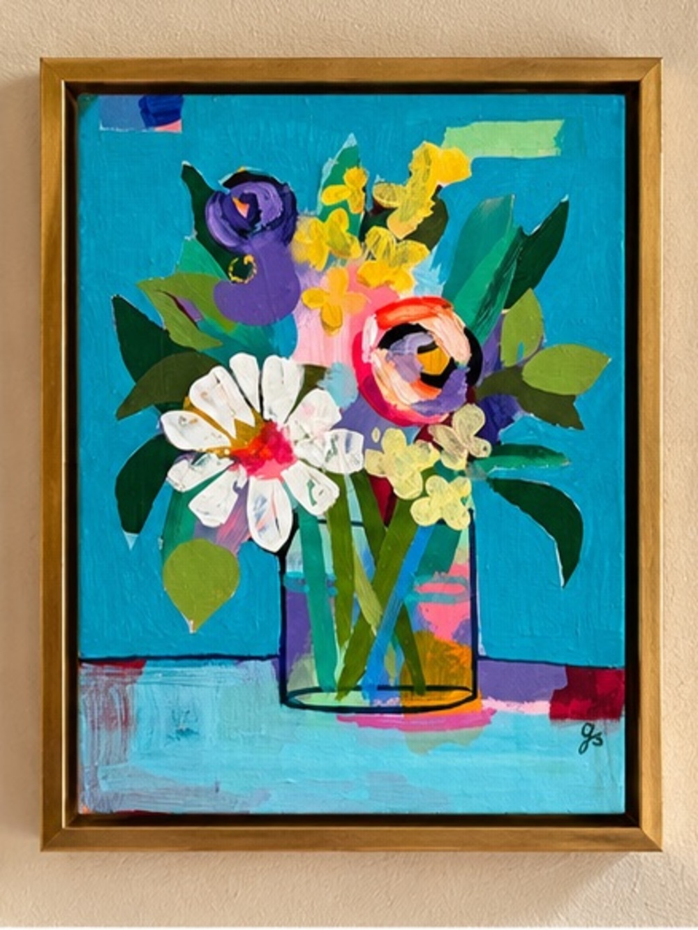 Original Mini Abstract Floral Painting on Wood Panel – Colorful Small Art